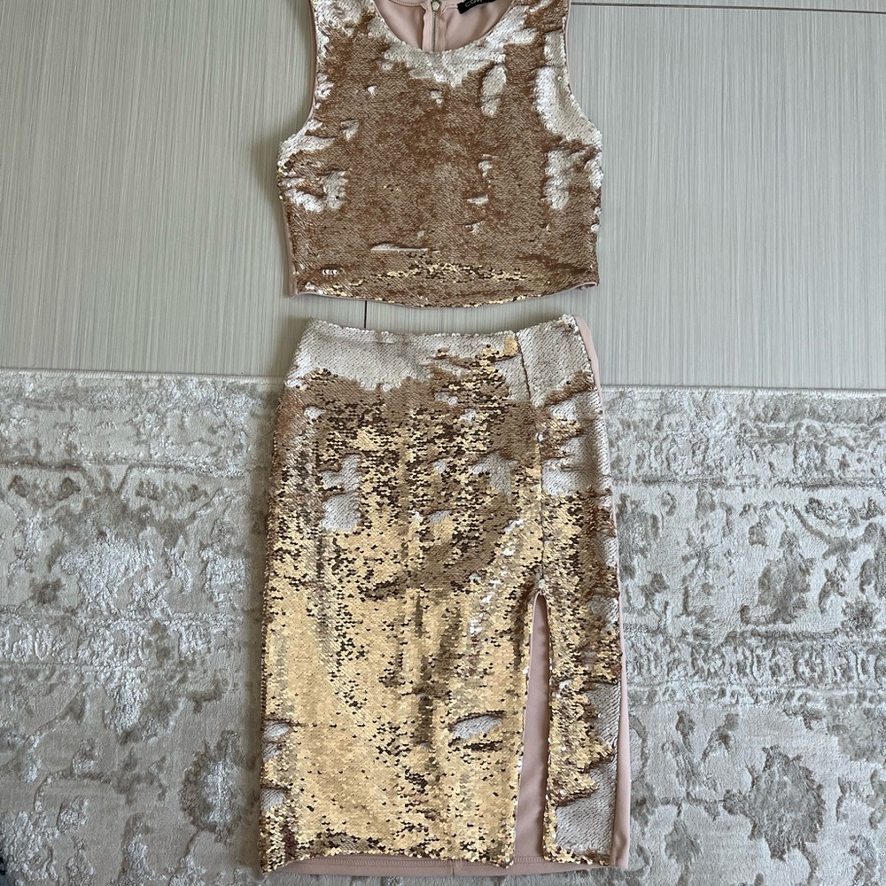 Sequin Skirt Set in Gold and Cream